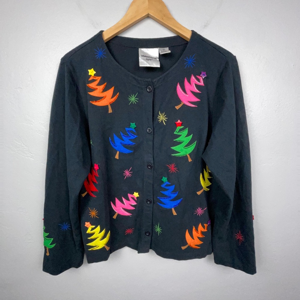 Michael Simon Cardigan Women M Black Christmas Tree Beaded Embroidered Sweater